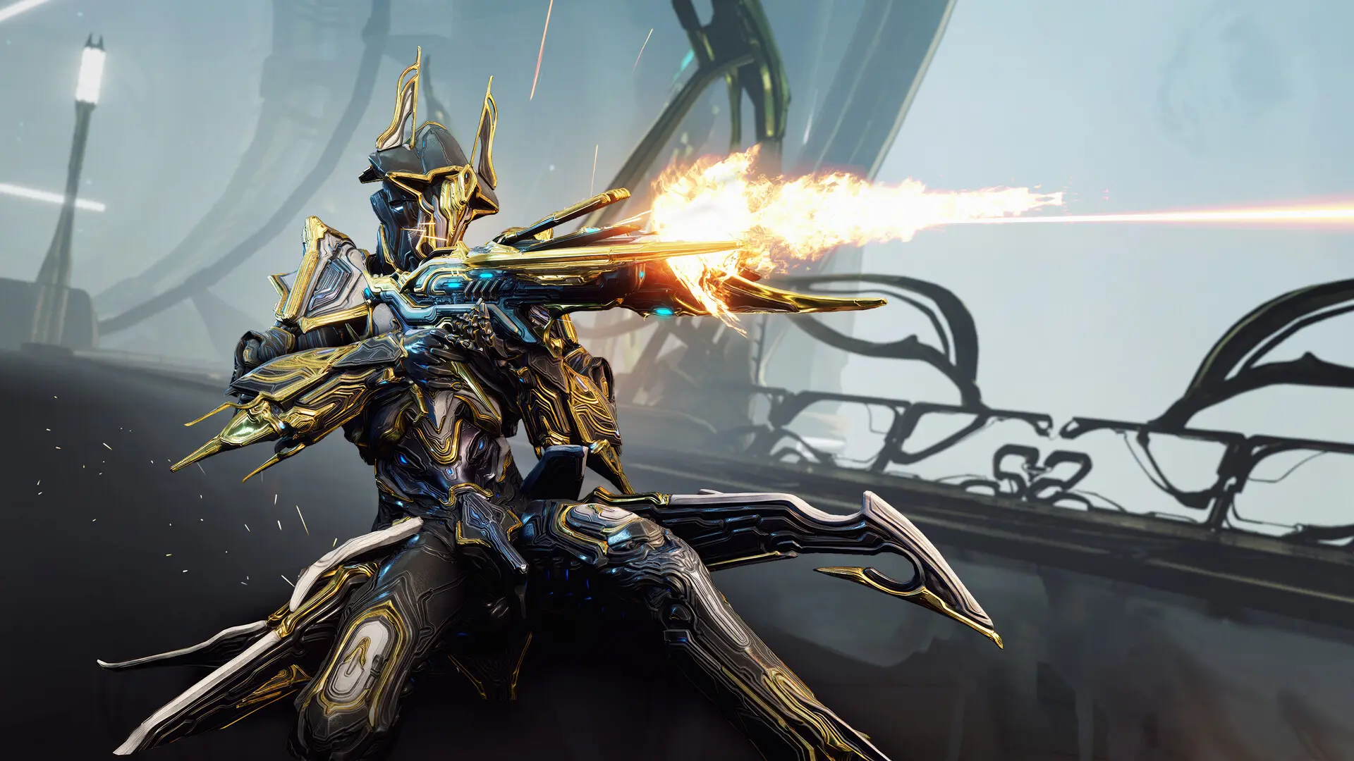 A Warframe character firing a weapon, featuring intricate armor details.