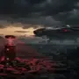 Futuristic sensor beacon with red glow near extraction ship in moody twilight atmosphere