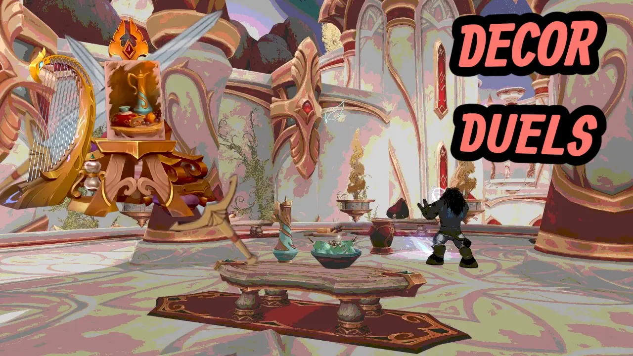 A colorful screenshot from World of Warcraft showing a room setup for Decor Duels.