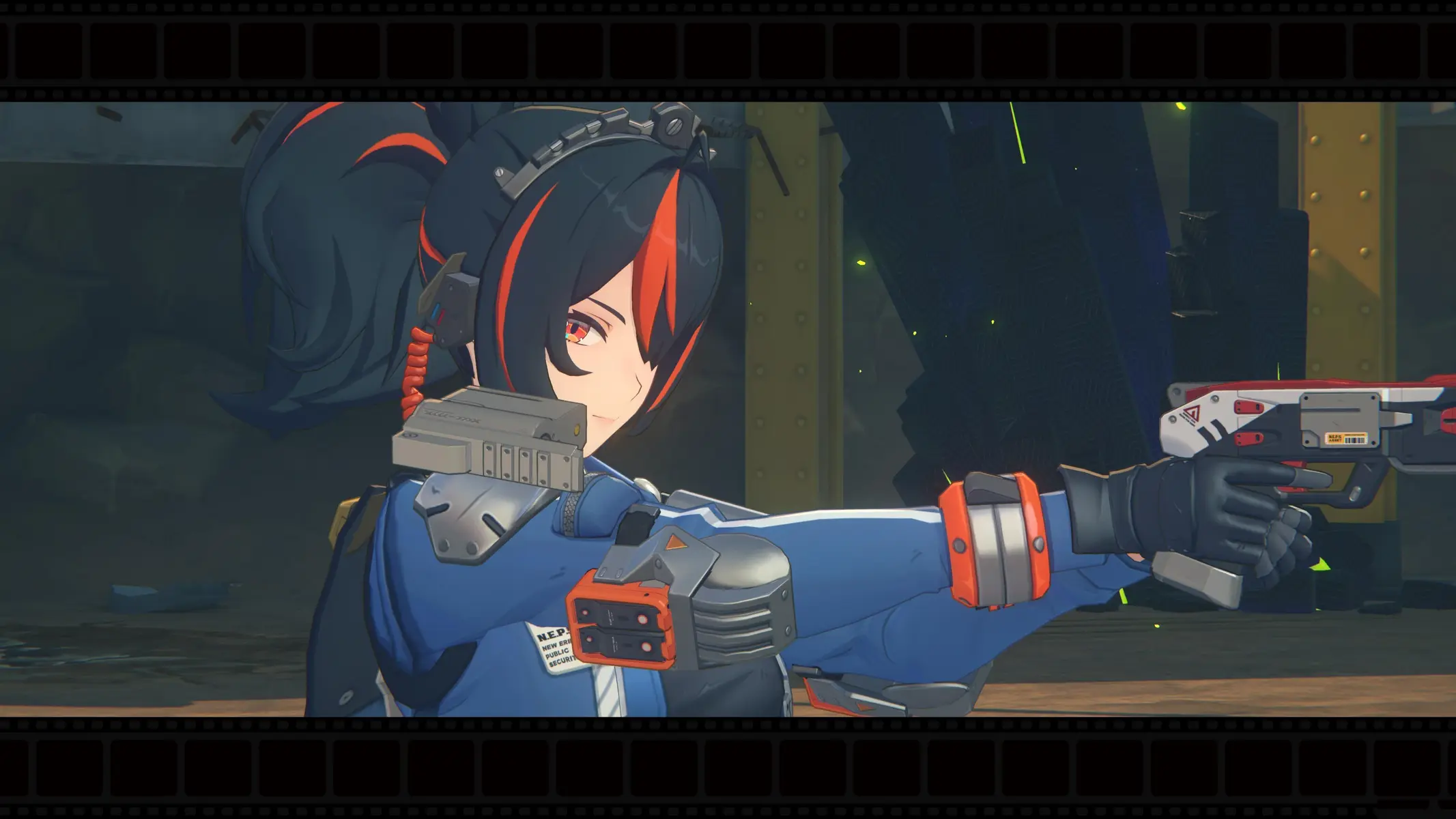 A character from Zenless Zone Zero aiming a weapon, showcasing cybernetic features.