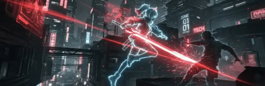 Zenless Zone Zero cyberpunk cityscape with neon holographic character silhouettes in action poses