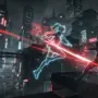 Zenless Zone Zero cyberpunk cityscape with neon holographic character silhouettes in action poses