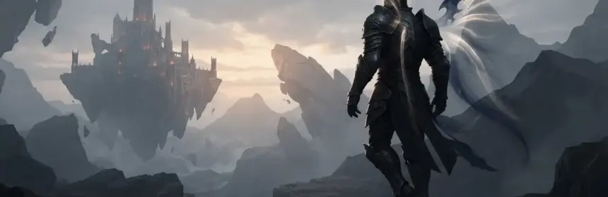 Fantasy warrior hovering above an aerial battlefield in Aion 2-inspired MMORPG launch artwork