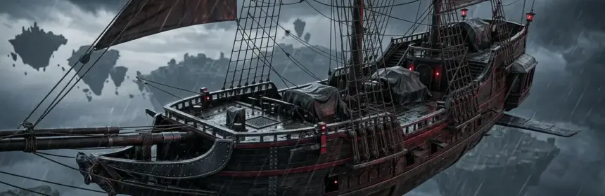 Airship battling rain and strong winds above a floating archipelago in Echoes of Elysium