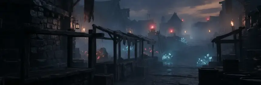 Medieval fantasy marketplace with glowing resource spawn points in moody atmospheric lighting