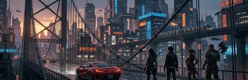 Anime-style adventurers and a red sports car overlook Nova City in Ananta's futuristic open-world setting