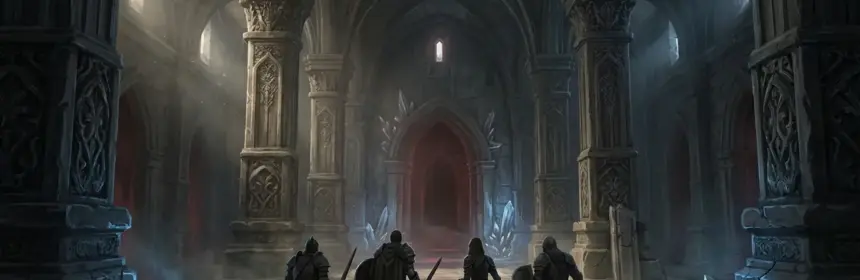 Adventurers approach a red-lit Gravenhollow dungeon entrance in Dungeons & Dragons Online.