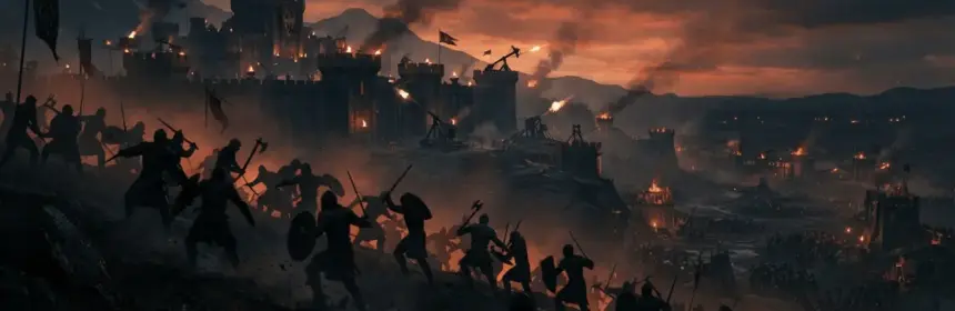 ESO fantasy battlefield with fortress siege at dusk, warriors silhouetted against dramatic red sunset sky