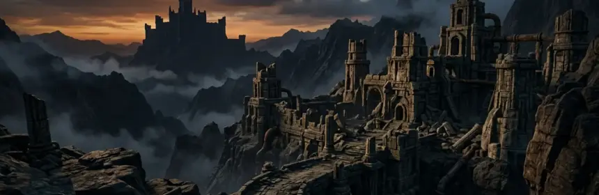 Elder Scrolls Online fantasy ruins at dusk with distant fortress and moody atmospheric lighting