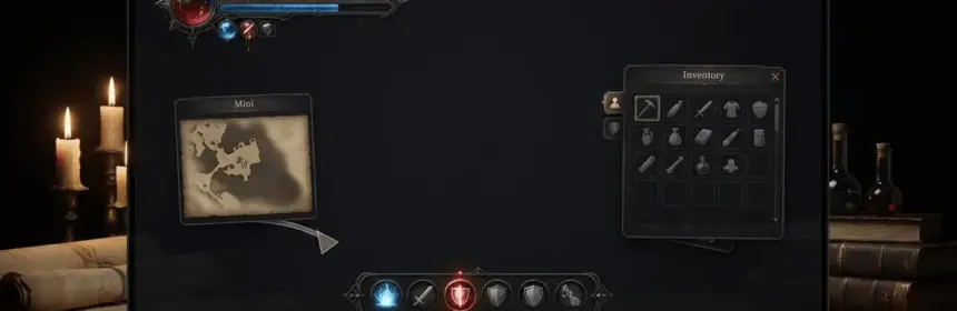 Customizable HUD interface with medieval fantasy UI elements on dark background with red accent