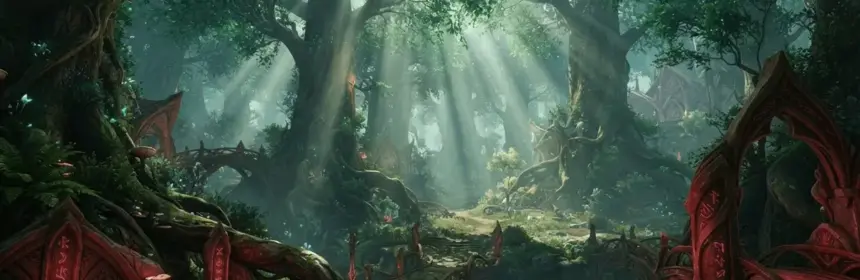 Mystical fantasy forest with ancient trees and magical lighting in EverQuest II