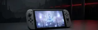 Nintendo Switch 2-style handheld beside a fantasy MMO loading scene during a performance hotfix