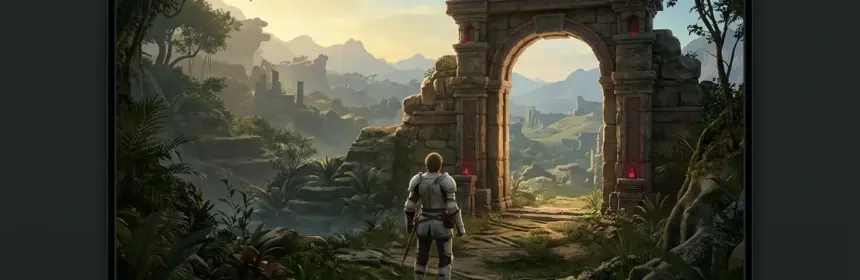 Armored adventurer approaches an ancient gateway in a jungle landscape inspired by Final Fantasy XI.