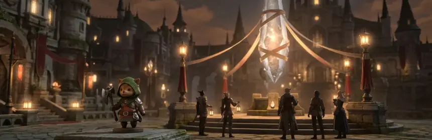Final Fantasy XIV adventurers gather beneath a ceremonial crystal for The Rising anniversary event