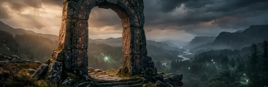 Ancient stone gateway arch in untamed Orr frontier landscape with mystical runes and atmospheric lighting