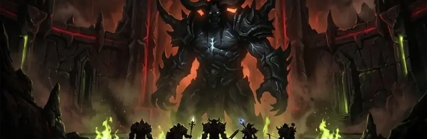 Gorefiend looms over silhouetted raiders inside the fiery Hellfire Citadel encounter.