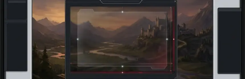Fantasy MMO UI scaling compatibility scene with dark interface panels and restrained red technical accents