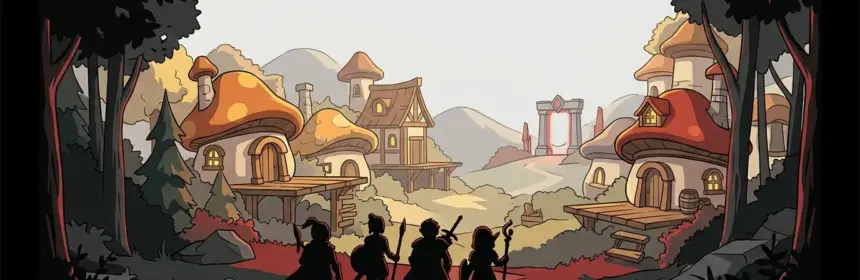Nostalgic MapleStory-inspired adventurer silhouettes approach a warmly lit fantasy village before launch.