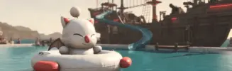 Inflatable moogle raft floating beside the Queen Lhaminn Moonfire Faire vessel
