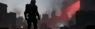 Armored Overwatch hero facing a red-lit Talon-controlled skyline at dusk