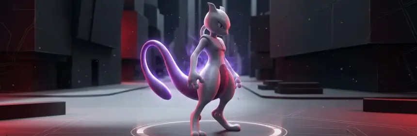 Mewtwo-inspired psychic creature glowing in a dark urban plaza with red gaming-news lighting