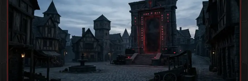 Deserted fantasy MMO realm beside a dark server gateway shutting down under red lights