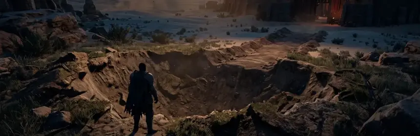 Fantasy MMO player beside a freshly reshaped crater near a desert fortress