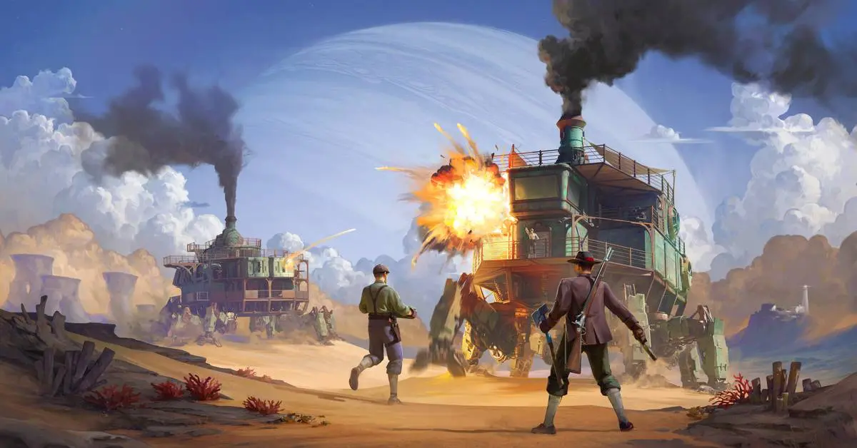 Two men in steampunk attire facing massive walking industrial machines in a desert under a large planet
