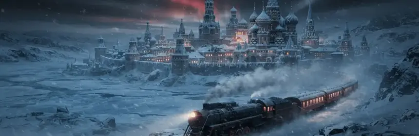 Frozen city of Snezhnaya with steam train crossing snowy landscape in Genshin Impact