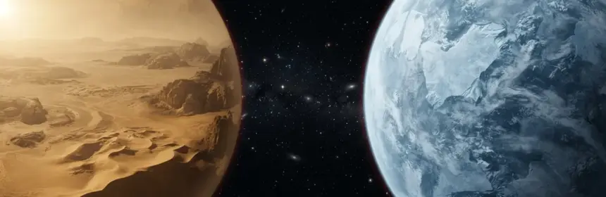 Desert and ice planets Tatooine and Hoth side by side in space representing SWTOR Update 7.6 locations