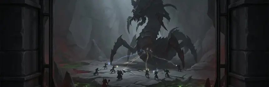 Elite raid silhouettes confront a venomous boss in a dark World of Warcraft-style abyss