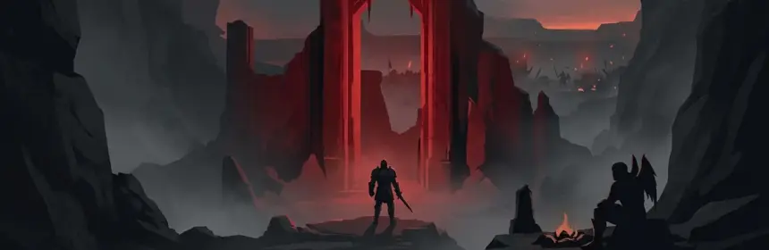 Dark fantasy MMORPG adventurer before a crimson gateway representing Vanya Online’s Steam expansion launch