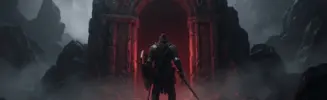 Armored adventurer prepares for a dark fantasy MMO dungeon season amid a glowing crafting spark and sealed vault
