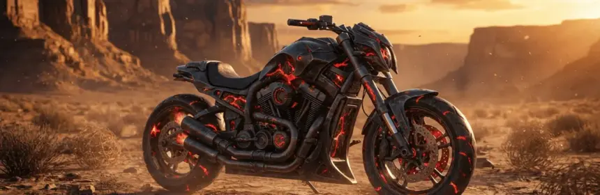 Hateforged Blazecycle motorcycle mount in Western desert setting for WoW Trading Post