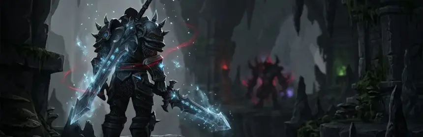 Frost Death Knight facing a dark raid arena with icy magic and crimson highlights after WoW hotfix buffs