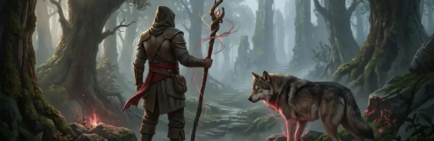 Hooded Beastmaster adventurer with a wolf companion in a misty fantasy forest