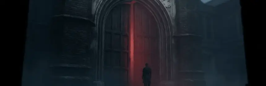Victorian noir palace entrance glowing with a red signal for a mysterious game test