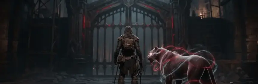 A Beastmaster and animal companion face a sealed trial arena while red energy suggests ongoing balance tuning.