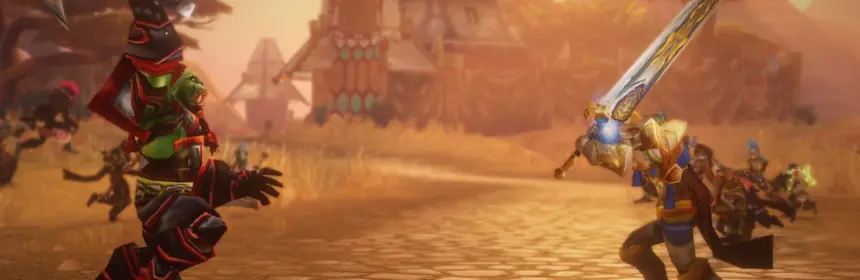 A green orc and a human knight in armor fighting with an axe and a sword in World of Warcraft