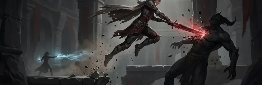 Armored warrior launches a momentum-driven attack at a demon in a ruined temple