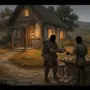 Fantasy MMORPG neighbours exchange a gift outside a warmly lit homestead during beta testing