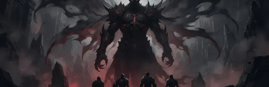 Four armored heroes face the towering demon Malebolgia in a dark Diablo Immortal dungeon.