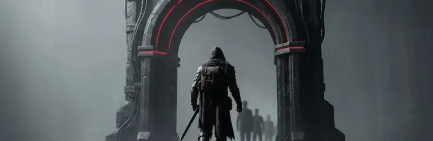 Fantasy MMO adventurer halted before a dark server gateway, symbolizing beta queues and lag