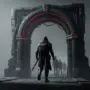 Fantasy MMO adventurer halted before a dark server gateway, symbolizing beta queues and lag