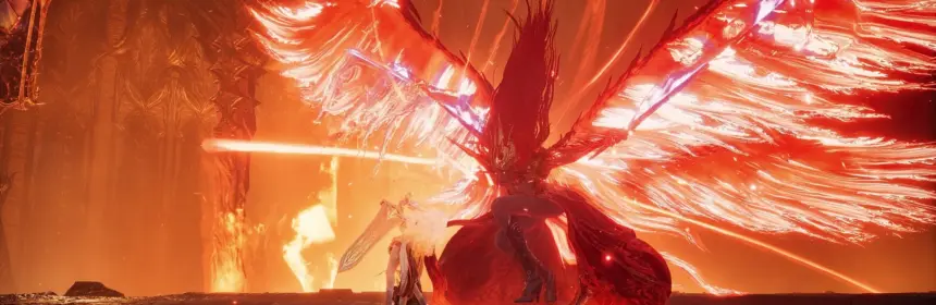 A cinematic screenshot from Aion 2 showing a player character facing a massive, winged fiery boss in a volcanic cavern.