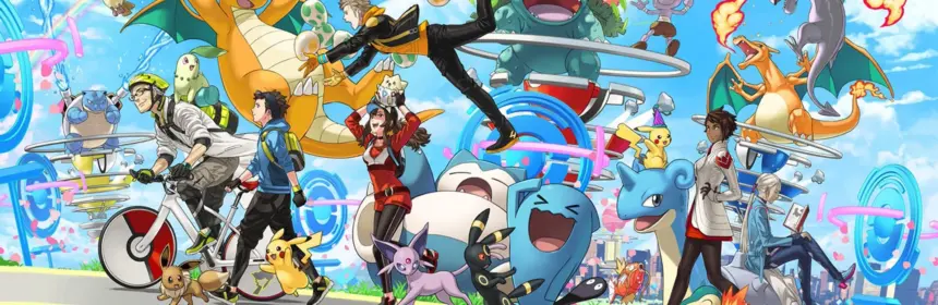 A colorful group of Pokémon and human trainers in an outdoor setting.