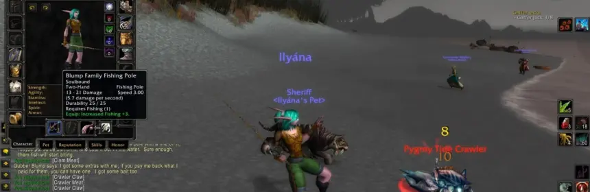Gameplay screenshot of a Night Elf Hunter character in World of Warcraft Classic.
