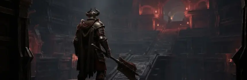 Armored fantasy gladiator overlooking a red-lit rated PvP arena ladder