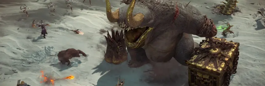 Gameplay screenshot from Diablo IV featuring a large horned monster and a treasure chest in a snowy landscape.