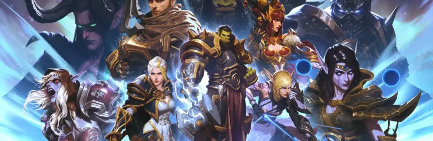 Official World of Warcraft key art featuring a group of diverse heroic and villainous characters.